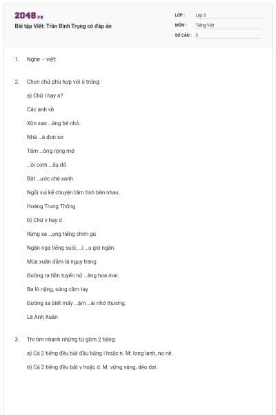 Bài tập Viết: Trần Bình Trọng có đáp án