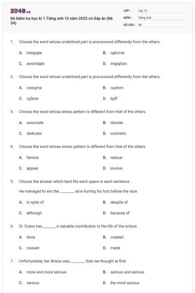 Đề kiểm tra học kì 1 Tiếng anh 12 năm 2023 có đáp án (Đề 34)