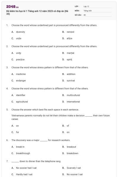Đề kiểm tra học kì 1 Tiếng anh 12 năm 2023 có đáp án (Đề 35)
