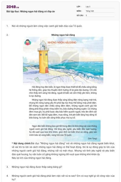 Bài tập Đọc: Những ngọn hải đăng có đáp án