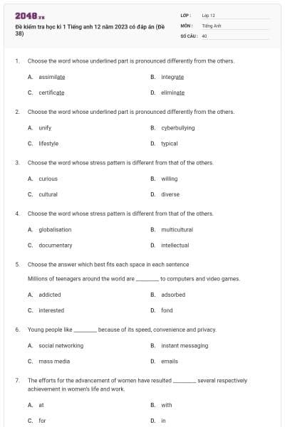 Đề kiểm tra học kì 1 Tiếng anh 12 năm 2023 có đáp án (Đề 38)