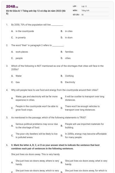 Đề thi Giữa kì 1 Tiếng anh lớp 12 có đáp án năm 2023 (Đề 8)