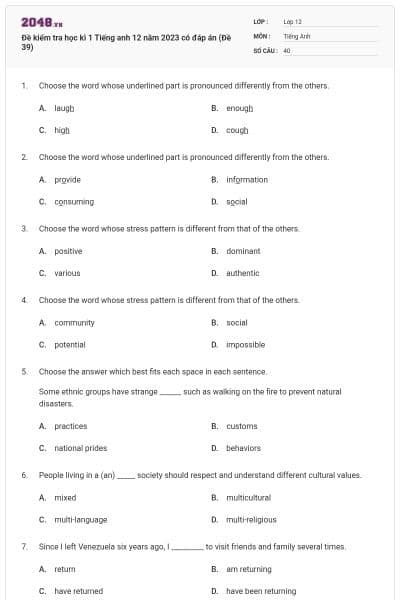 Đề kiểm tra học kì 1 Tiếng anh 12 năm 2023 có đáp án (Đề 39)