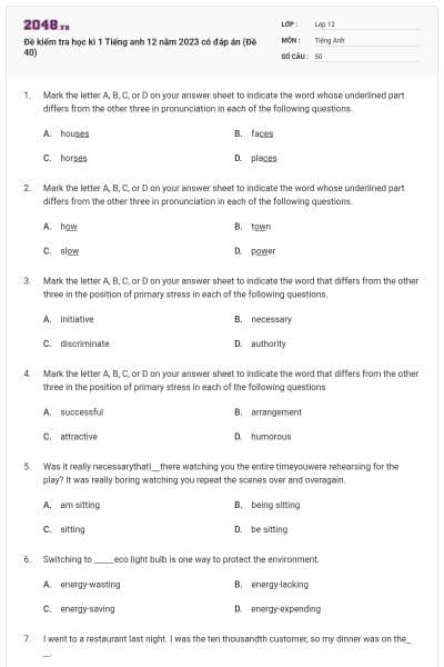 Đề kiểm tra học kì 1 Tiếng anh 12 năm 2023 có đáp án (Đề 40)