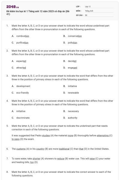 Đề kiểm tra học kì 1 Tiếng anh 12 năm 2023 có đáp án (Đề 41)
