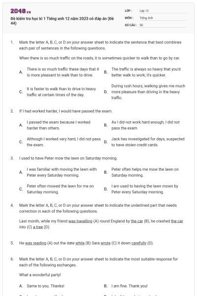 Đề kiểm tra học kì 1 Tiếng anh 12 năm 2023 có đáp án (Đề 44)