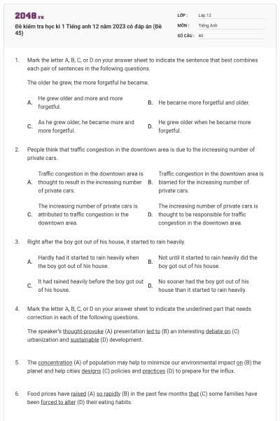 Đề kiểm tra học kì 1 Tiếng anh 12 năm 2023 có đáp án (Đề 45)