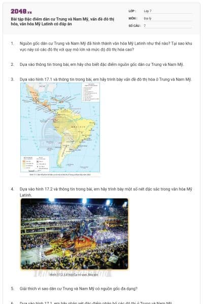 Bài tập Đặc điểm dân cư Trung và Nam Mỹ, vấn đề đô thị hóa, văn hóa Mỹ Latinh có đáp án