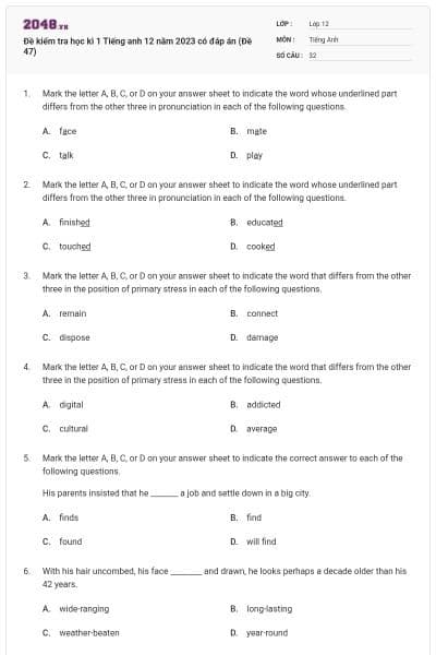 Đề kiểm tra học kì 1 Tiếng anh 12 năm 2023 có đáp án (Đề 47)
