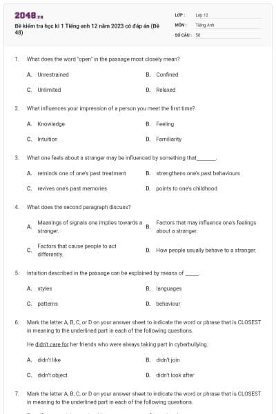 Đề kiểm tra học kì 1 Tiếng anh 12 năm 2023 có đáp án (Đề 48)