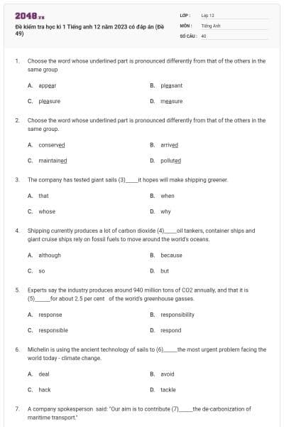 Đề kiểm tra học kì 1 Tiếng anh 12 năm 2023 có đáp án (Đề 49)
