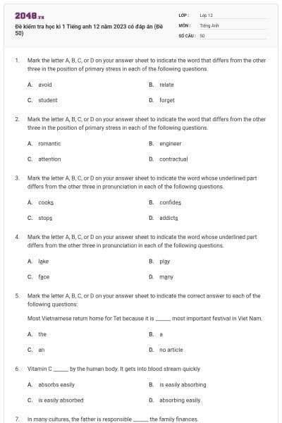 Đề kiểm tra học kì 1 Tiếng anh 12 năm 2023 có đáp án (Đề 50)