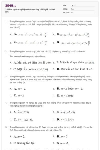 230 Bài tập trắc nghiệm Oxyz cực hay có lời giải chi tiết (P6)