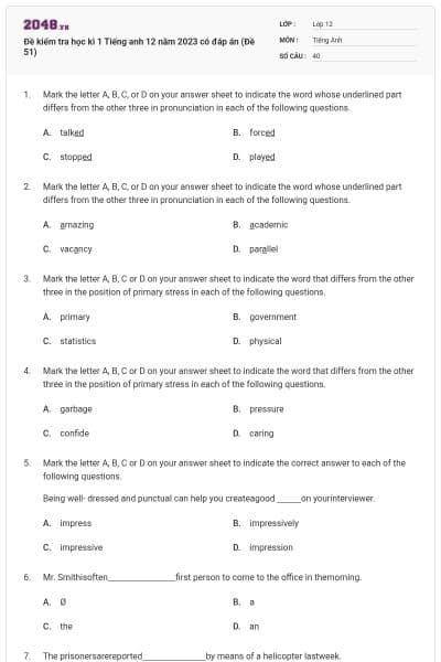 Đề kiểm tra học kì 1 Tiếng anh 12 năm 2023 có đáp án (Đề 51)