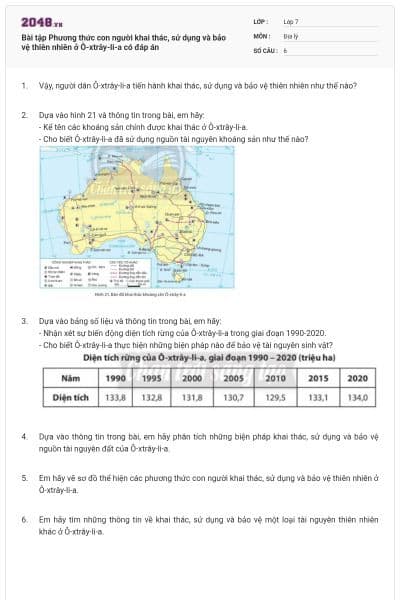 Bài tập Phương thức con người khai thác, sử dụng và  bảo vệ thiên nhiên ở Ô-xtrây-li-a có đáp án