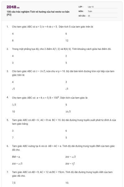 100 câu trắc nghiệm Tích vô hướng của hai vectơ cơ bản (P3)