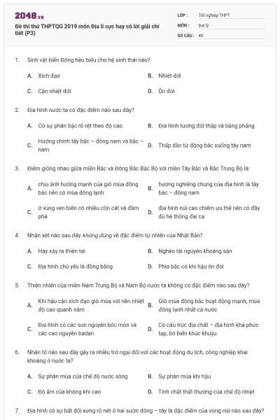 Đề thi thử THPTQG 2019 môn Địa lí cực hay có lời giải chi tiết (P3)