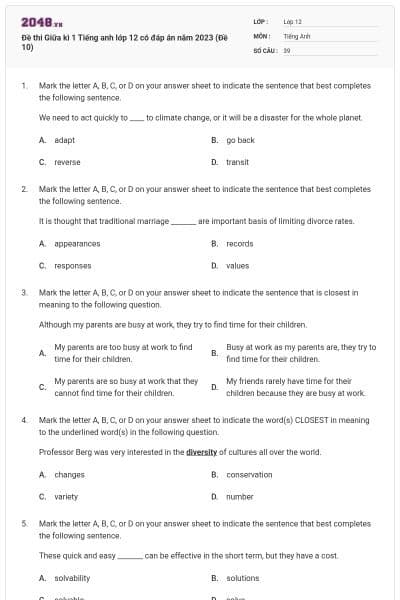 Đề thi Giữa kì 1 Tiếng anh lớp 12 có đáp án năm 2023 (Đề 10)