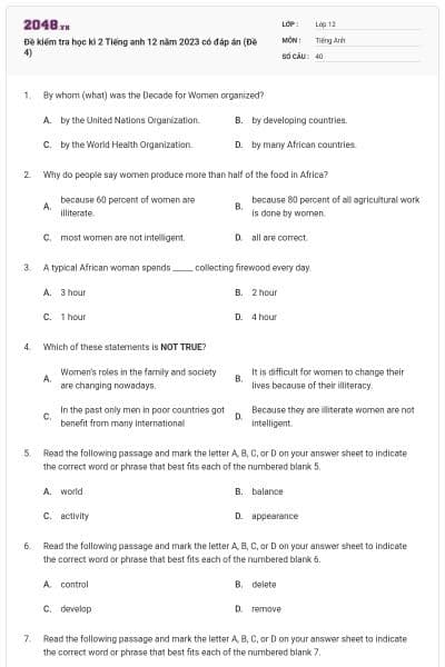 Đề kiểm tra học kì 2 Tiếng anh 12 năm 2023 có đáp án (Đề 4)