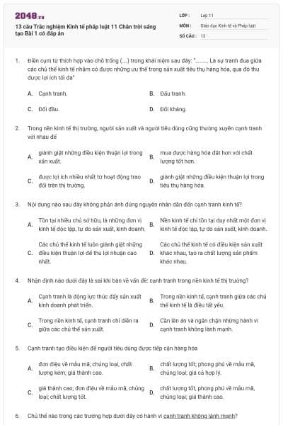 13 câu Trắc nghiệm Kinh tế pháp luật 11 Chân trời sáng tạo Bài 1 có đáp án