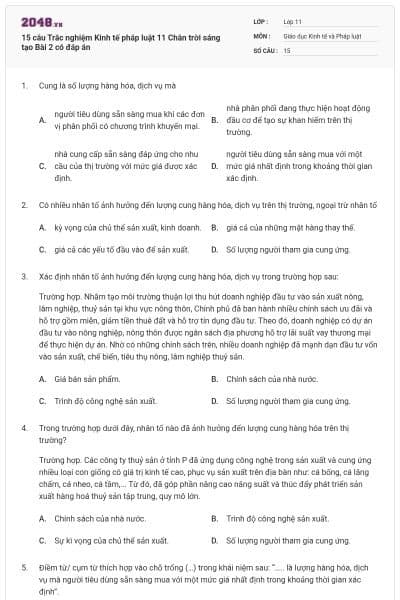 15 câu Trắc nghiệm Kinh tế pháp luật 11 Chân trời sáng tạo Bài 2 có đáp án