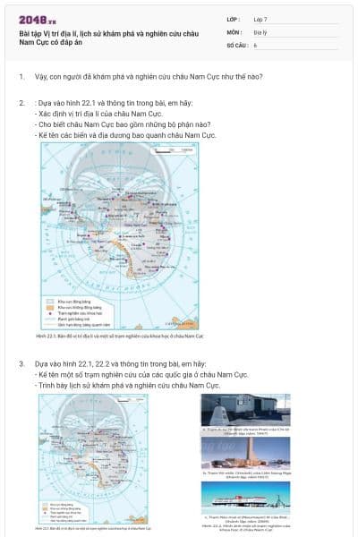 Bài tập Vị trí địa lí, lịch sử khám phá và nghiên cứu châu Nam Cực có đáp án