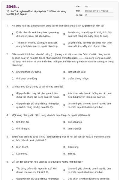 15 câu Trắc nghiệm Kinh tế pháp luật 11 Chân trời sáng tạo Bài 9 có đáp án
