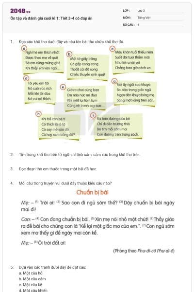 Ôn tập và đánh giá cuối kì 1: Tiết 3-4 có đáp án