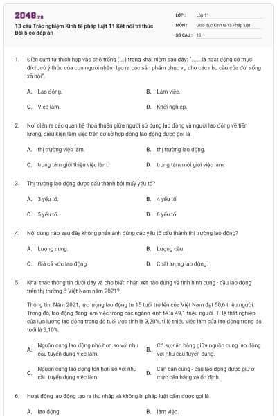 13 câu Trắc nghiệm Kinh tế pháp luật 11 Kết nối tri thức Bài 5 có đáp án