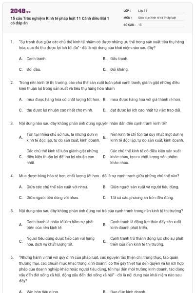 15 câu Trắc nghiệm Kinh tế pháp luật 11 Cánh diều Bài 1 có đáp án