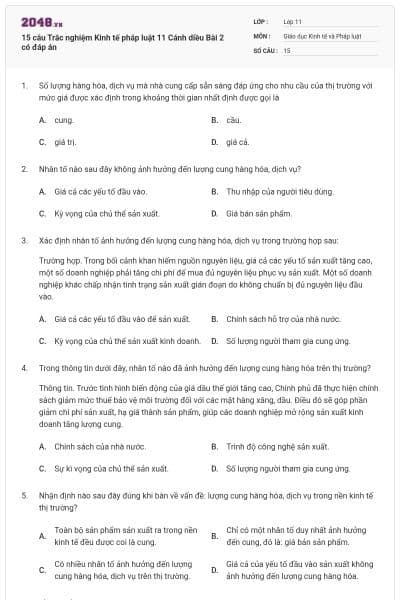 15 câu Trắc nghiệm Kinh tế pháp luật 11 Cánh diều Bài 2 có đáp án