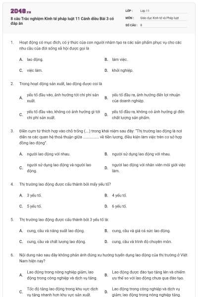 8 câu Trắc nghiệm Kinh tế pháp luật 11 Cánh diều Bài 3 có đáp án
