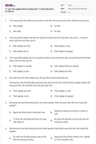 11 câu Trắc nghiệm Kinh tế pháp luật 11 Cánh diều Bài 5 có đáp án