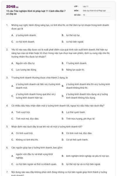 15 câu Trắc nghiệm Kinh tế pháp luật 11 Cánh diều Bài 7 có đáp án