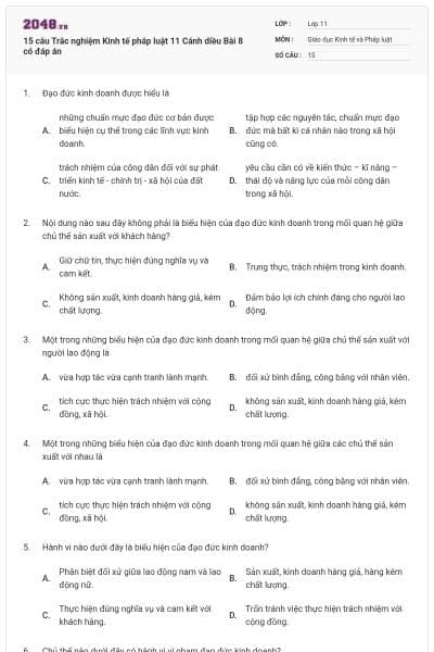 15 câu Trắc nghiệm Kinh tế pháp luật 11 Cánh diều Bài 8 có đáp án