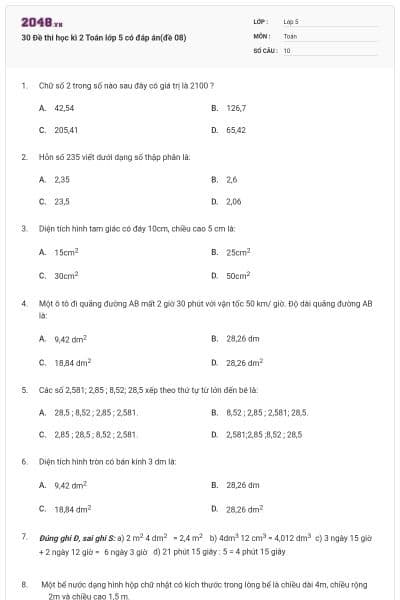 30 Đề thi học kì 2 Toán lớp 5 có đáp án(đề 08)