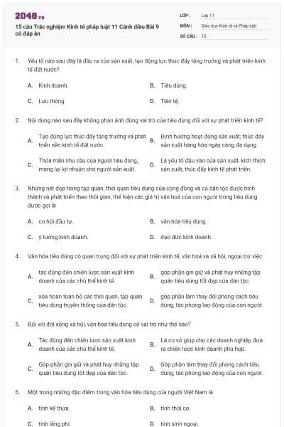 15 câu Trắc nghiệm Kinh tế pháp luật 11 Cánh diều Bài 9 có đáp án