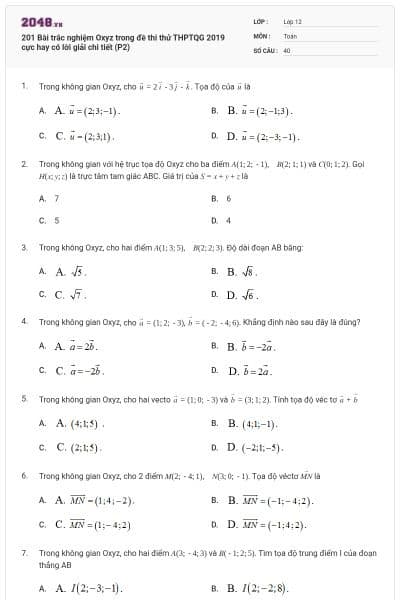 201 Bài trắc nghiệm Oxyz trong đề thi thử THPTQG 2019 cực hay có lời giải chi tiết (P2)
