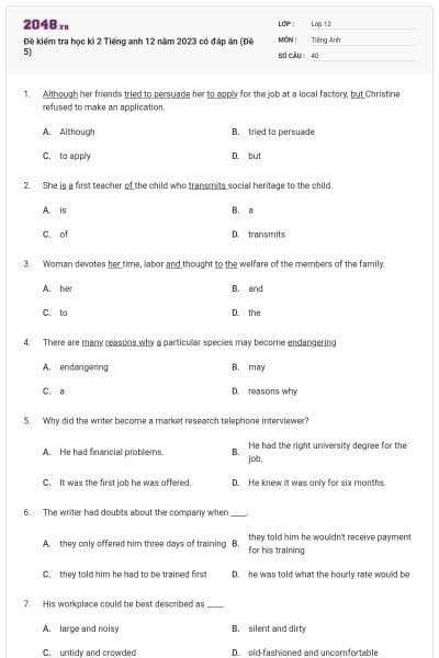Đề kiểm tra học kì 2 Tiếng anh 12 năm 2023 có đáp án (Đề 5)