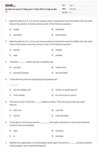 Đề kiểm tra học kì 2 Tiếng anh 12 năm 2023 có đáp án (Đề 7)