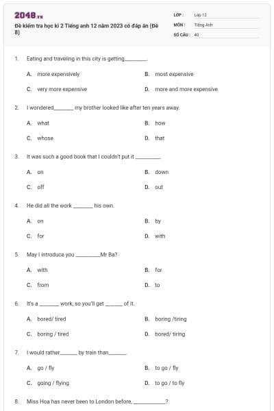 Đề kiểm tra học kì 2 Tiếng anh 12 năm 2023 có đáp án (Đề 8)