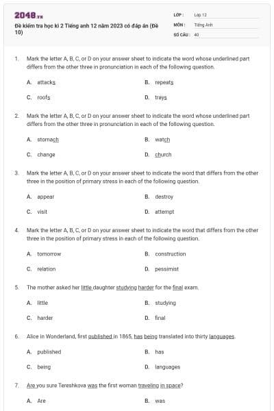 Đề kiểm tra học kì 2 Tiếng anh 12 năm 2023 có đáp án (Đề 10)