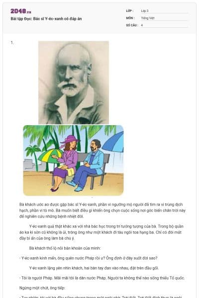 Bài tập Đọc: Bác sĩ Y-éc-xanh có đáp án