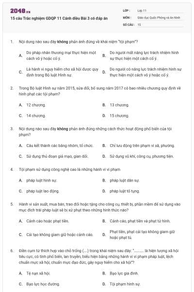 15 câu Trắc nghiệm GDQP 11 Cánh diều Bài 3 có đáp án