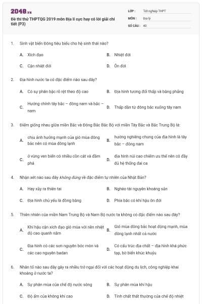 Đề thi thử THPTQG 2019 môn Địa lí cực hay có lời giải chi tiết (P3)