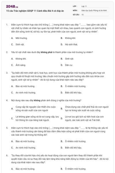 15 câu Trắc nghiệm GDQP 11 Cánh diều Bài 4 có đáp án