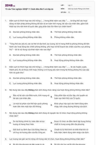 15 câu Trắc nghiệm GDQP 11 Cánh diều Bài 5 có đáp án