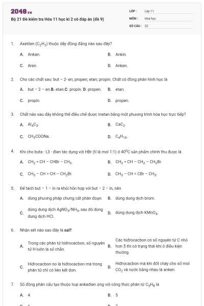 Bộ 21 Đề kiểm tra Hóa 11 học kì 2 có đáp án (đề 9)