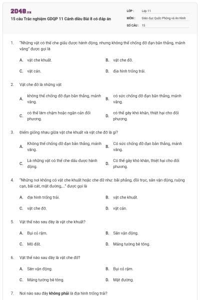 15 câu Trắc nghiệm GDQP 11 Cánh diều Bài 8 có đáp án