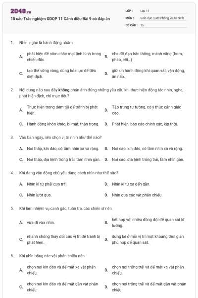 15 câu Trắc nghiệm GDQP 11 Cánh diều Bài 9 có đáp án